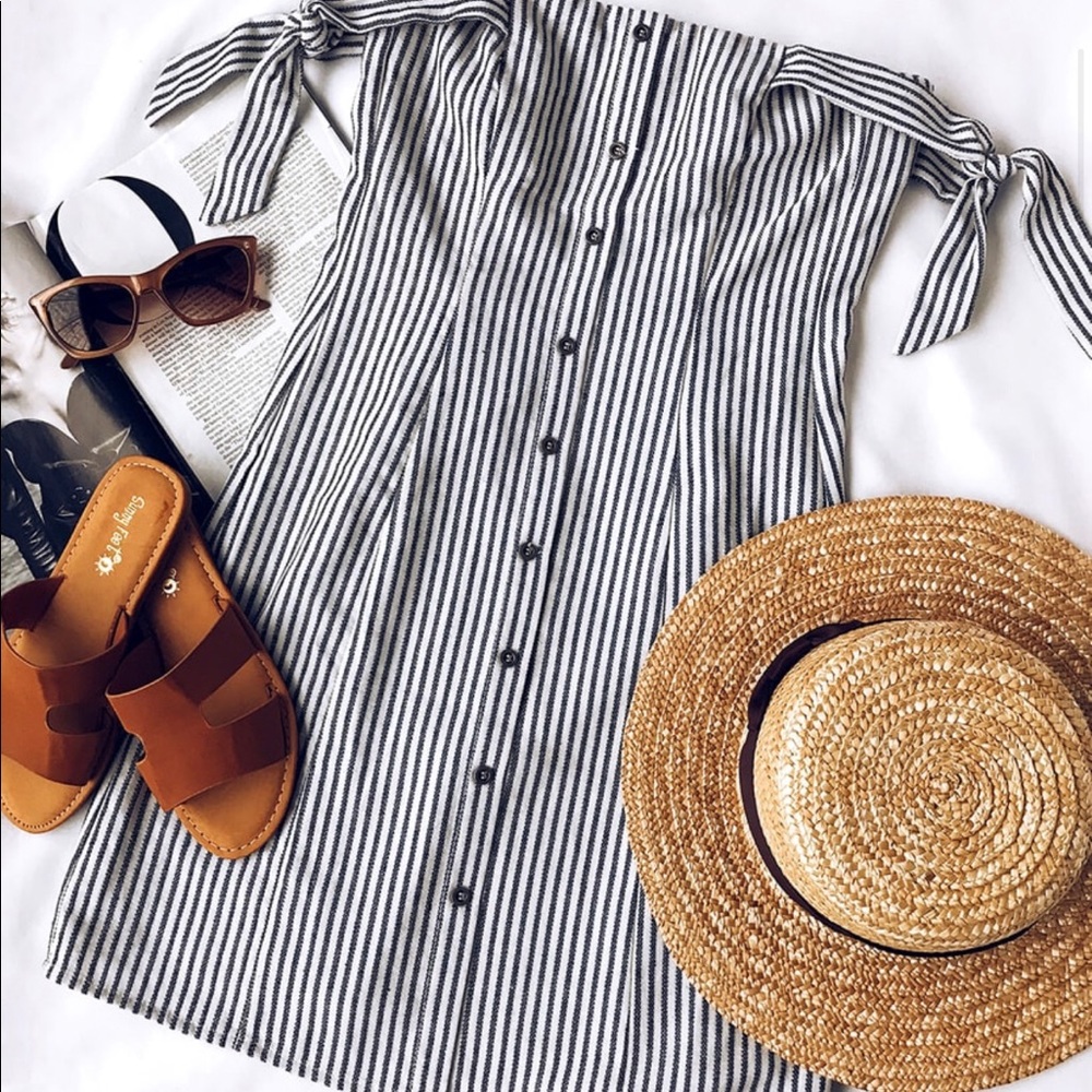 Blue and white striped off the shoulder dress